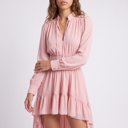 Sunoire ca2049 spring autumn long sleeve new french pink irregular lengths tight waist banquet socialite maxi dress casual ruffle torso crop 01