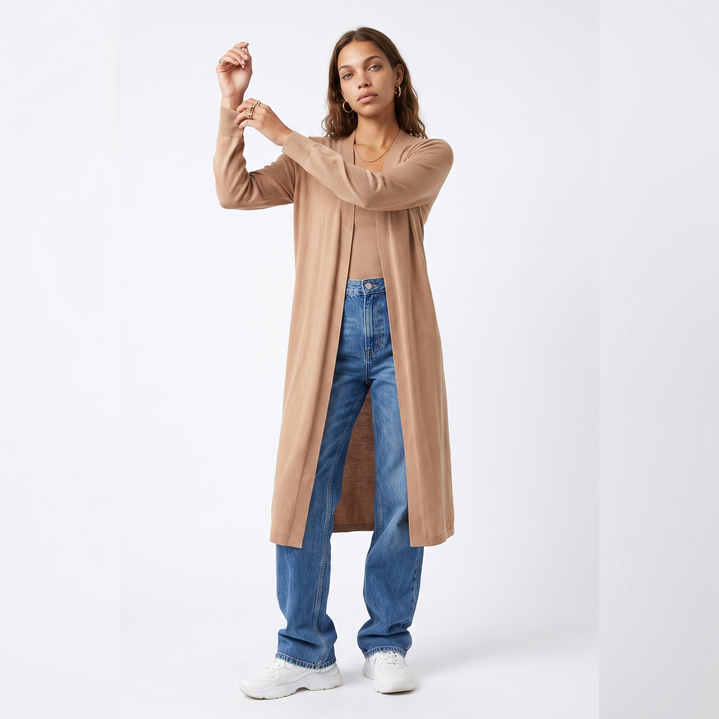 Sunoire camel longline open front cardigan past knee front hero 01