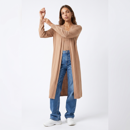 Sunoire camel longline open front cardigan past knee front hero 01