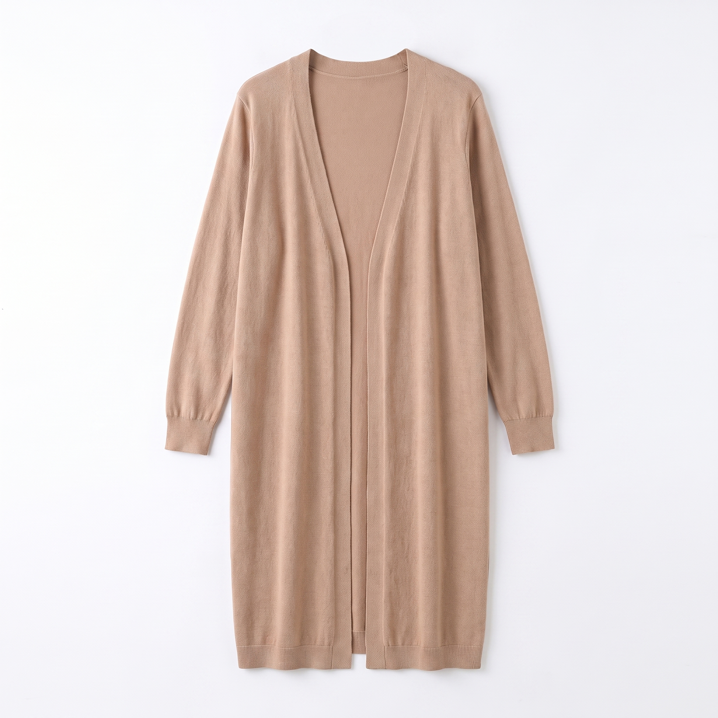 Sunoire camel longline open front cardigan past knee garment flatlay 01