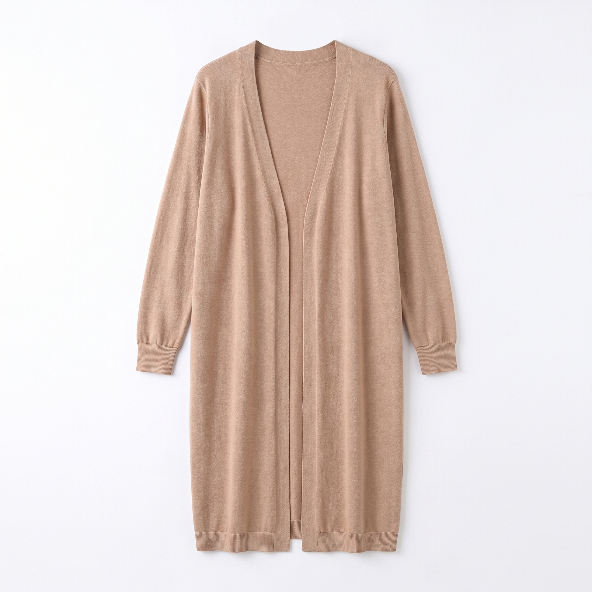 Sunoire camel longline open front cardigan past knee garment flatlay 01
