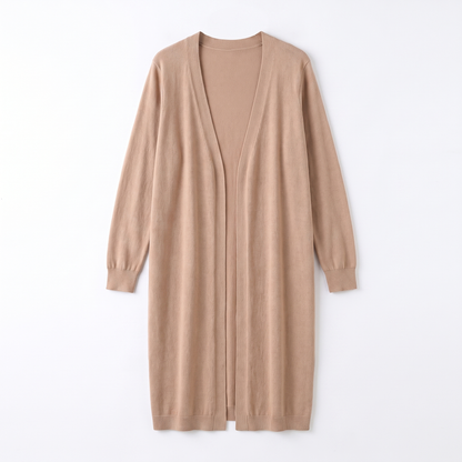 Sunoire camel longline open front cardigan past knee garment flatlay 01