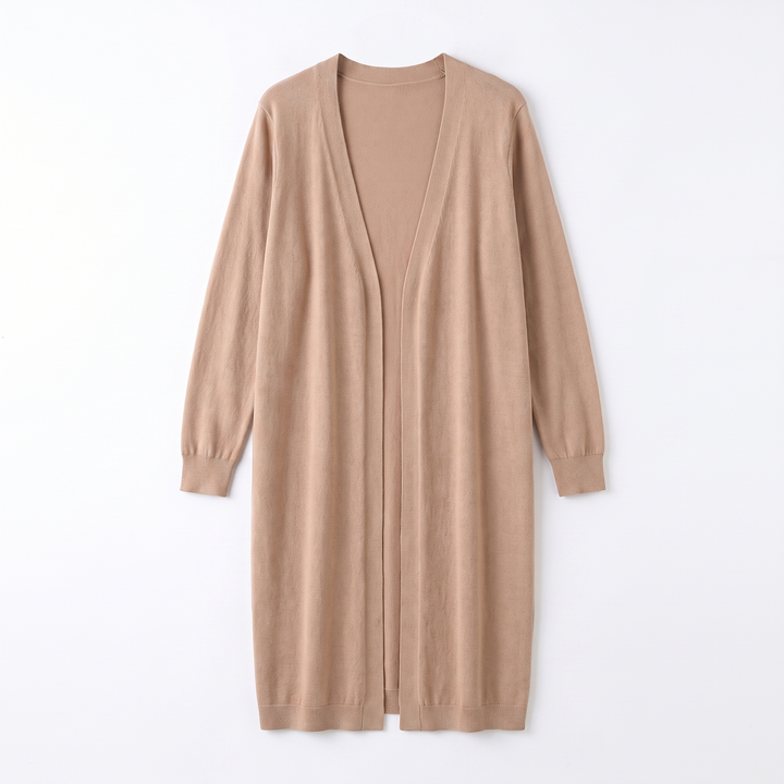 Sunoire camel longline open front cardigan past knee garment flatlay 01