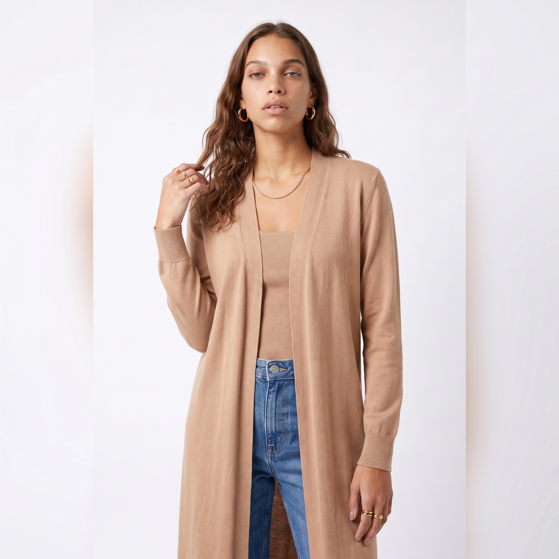 Sunoire camel longline open front cardigan past knee top front crop 01