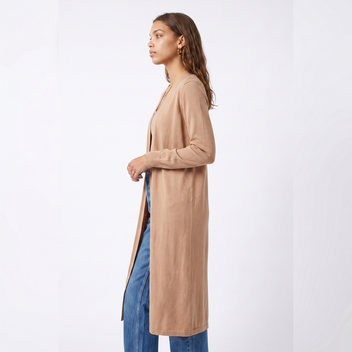 Sunoire camel longline open front cardigan past knee top side crop 01
