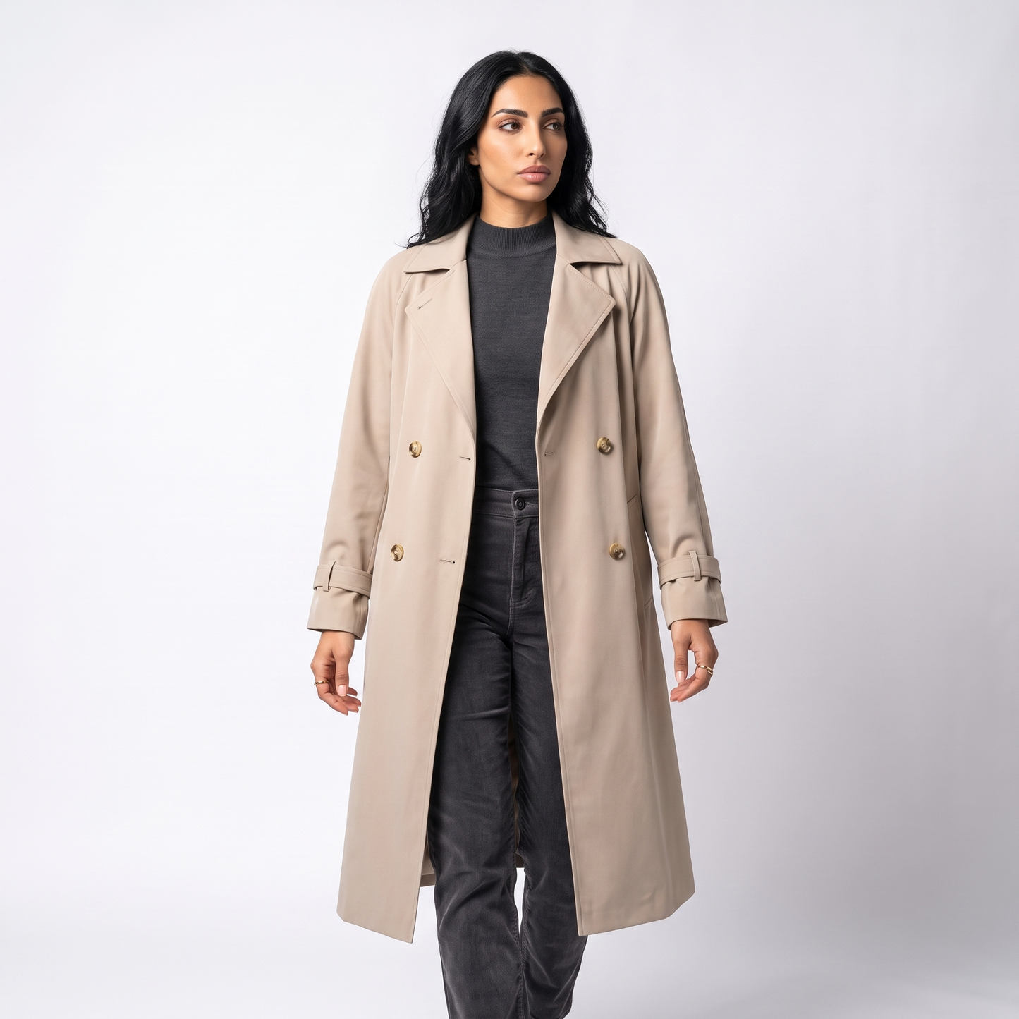 Sunoire camille classic long waterproof trench coat colorway beige front crop 01