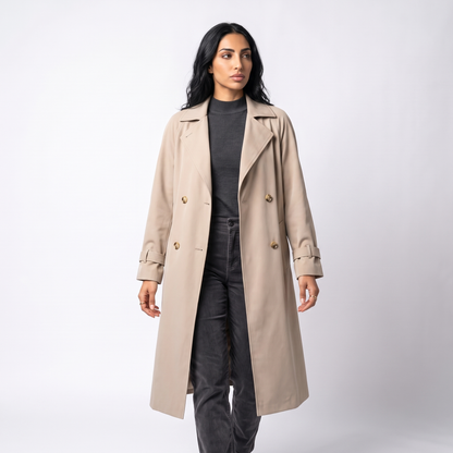 Sunoire camille classic long waterproof trench coat colorway beige front crop 01