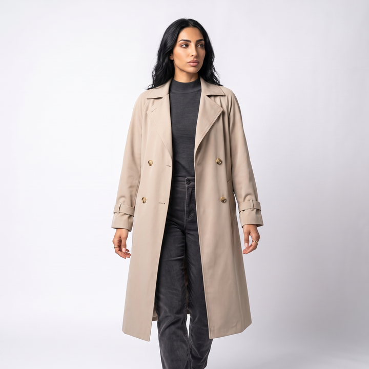 Sunoire camille classic long waterproof trench coat colorway beige front crop 01
