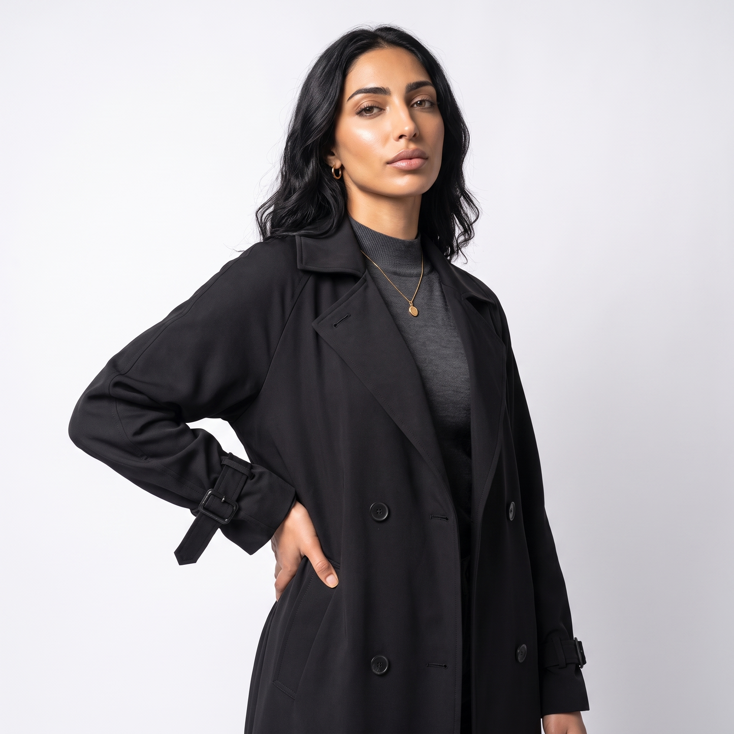 Sunoire camille classic long waterproof trench coat top detail 01