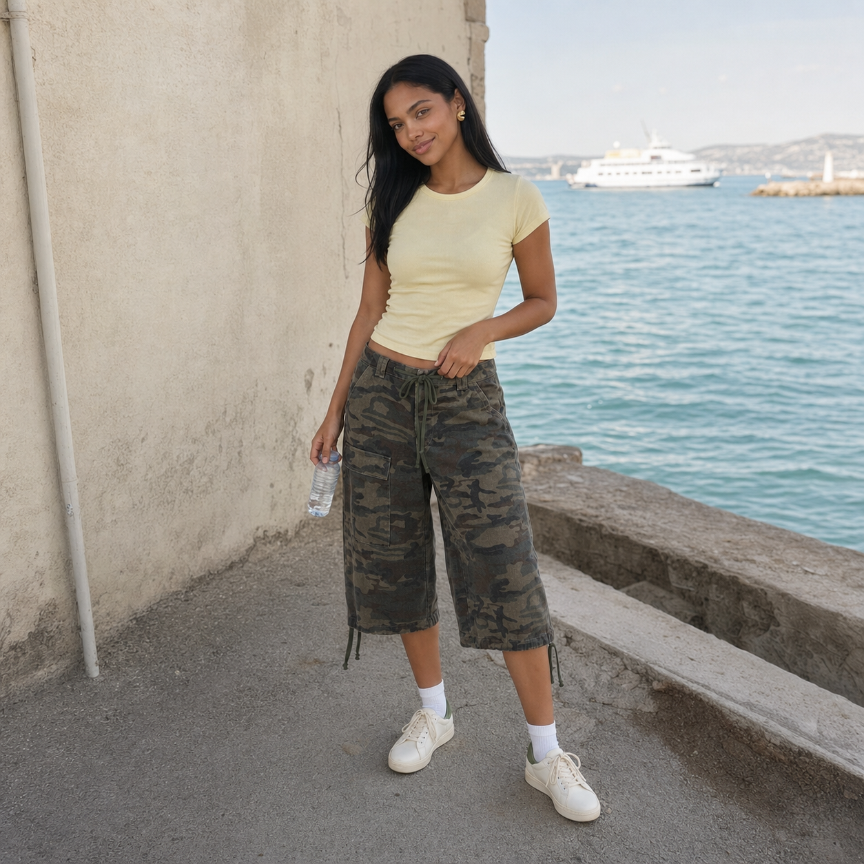 Camo Print Drawstring Cargo Shorts – Baggy Knee Length Casual Shorts — lifestyle photo