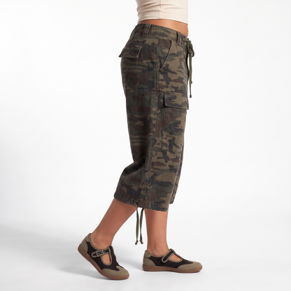 Camo Print Drawstring Cargo Shorts, Baggy Knee Length Casual Shorts, Side