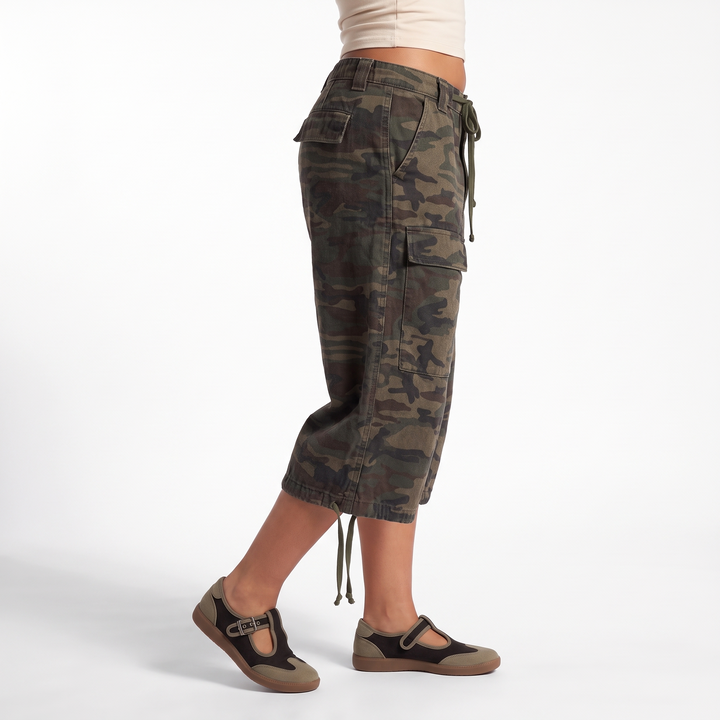 Camo Print Drawstring Cargo Shorts, Baggy Knee Length Casual Shorts, Side
