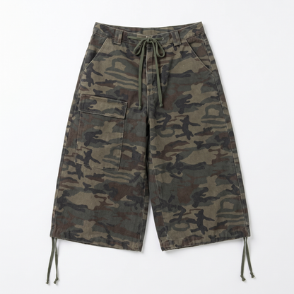 Camo Print Drawstring Cargo Shorts, Baggy Knee Length Casual Shorts, Flat lay