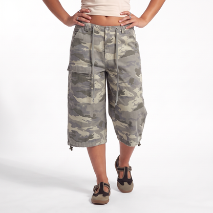 Camo Print Drawstring Cargo Shorts, Baggy Knee Length Casual Shorts, Gray