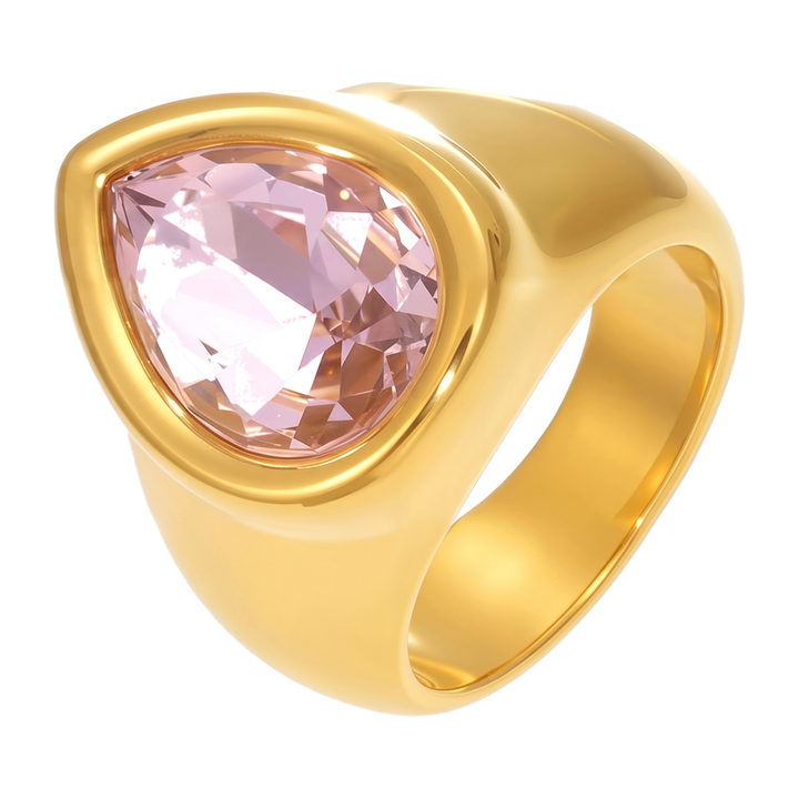 Sunoire wholesale luxury 18k gold stainless steel fashion rings for women water drop shaped czech diamond zircon jewelry 01 flatlay goldpink