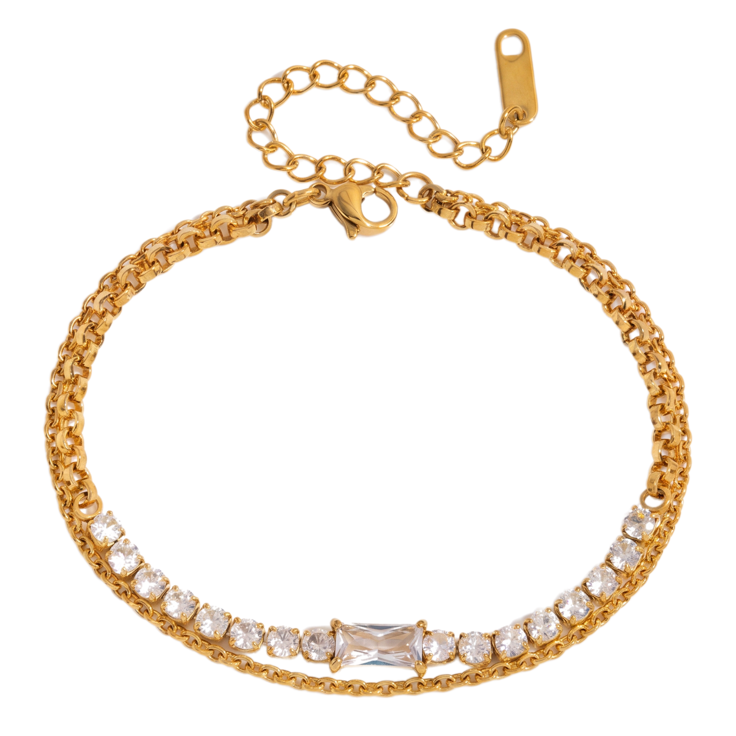 Sunoire jd women minimalist multi bracelet 18k gold round white zircon cross chain bracelet stackable jewelry gift 03 flatlay baguette row