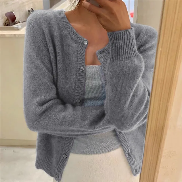 Emma | Cardigan Soft Knit Button Front Round Neck for Women in Grey