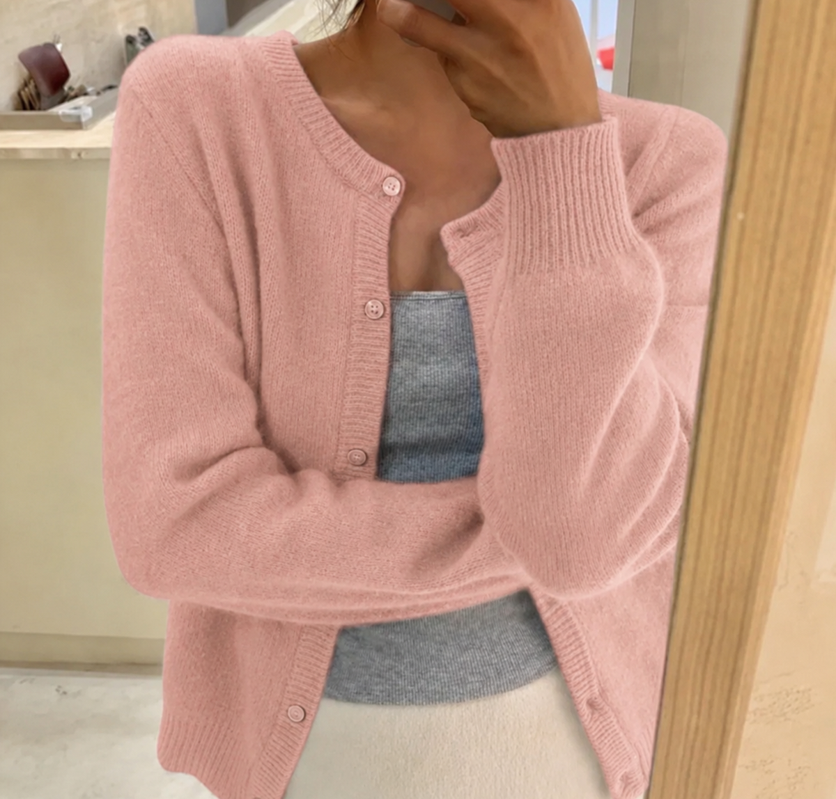 Emma | Cardigan Soft Knit Button Front Round Neck for Women in Light Pink