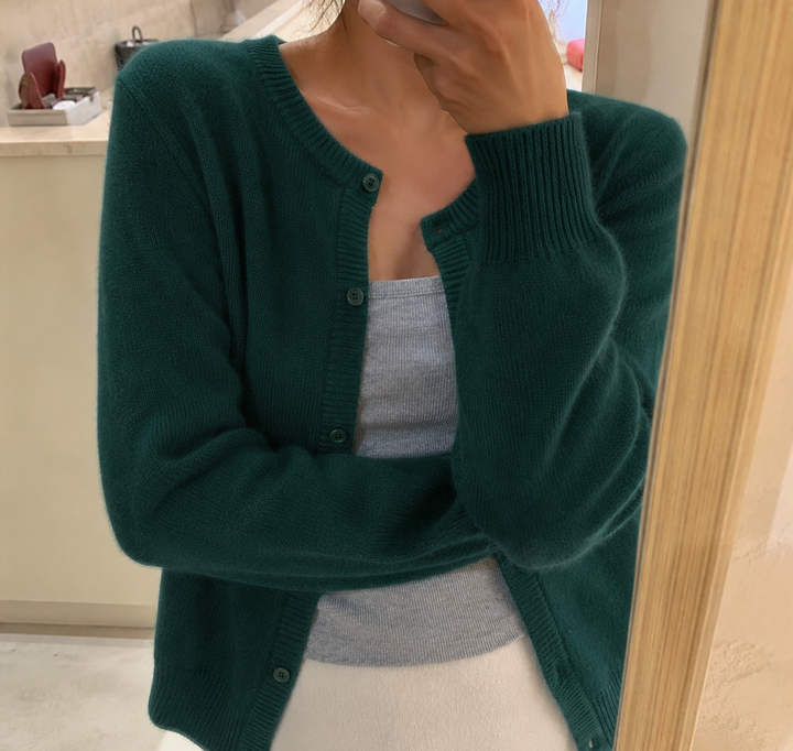 Cardigan Soft Knit Button Front Round Neck for Women — Dark Green