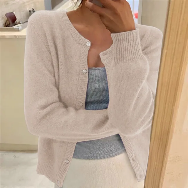 Emma | Cardigan Soft Knit Button Front Round Neck for Women in Beige