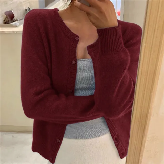 Emma | Cardigan Soft Knit Button Front Round Neck for Women in Burgundy