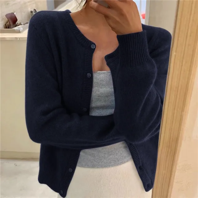 Emma | Cardigan Soft Knit Button Front Round Neck for Women in Navy Blue