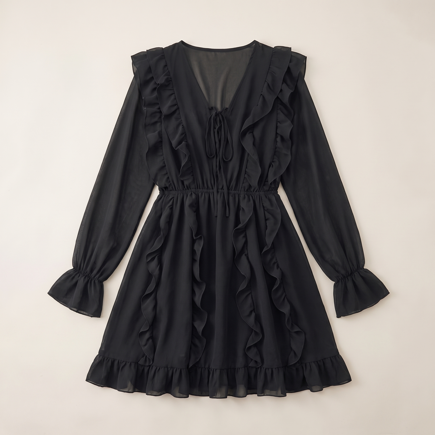 Sunoire carmen black chiffon v neck skirt garment flatlay 01