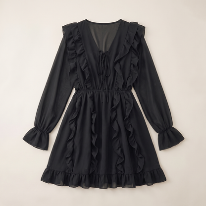 Sunoire carmen black chiffon v neck skirt garment flatlay 01