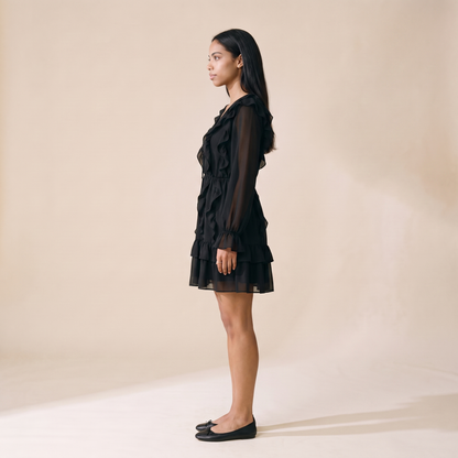 Sunoire carmen black chiffon v neck skirt side view 01