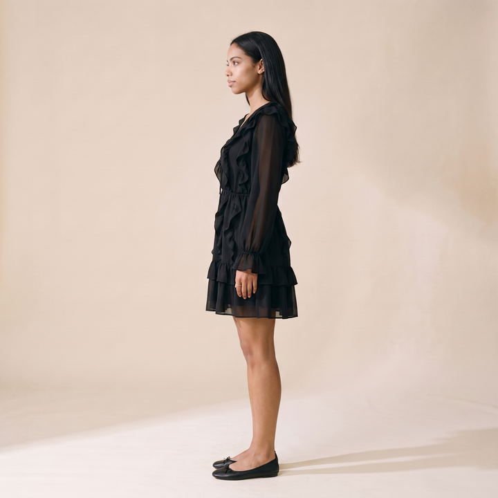 Sunoire carmen black chiffon v neck skirt side view 01
