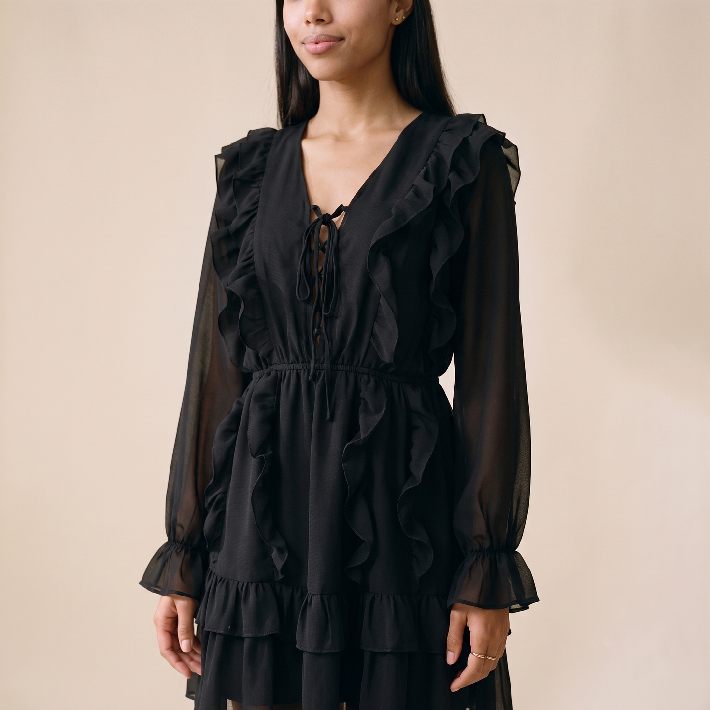 Sunoire carmen black chiffon v neck skirt worn detail 01