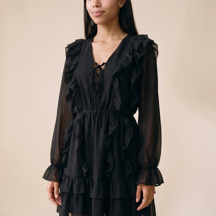 Sunoire carmen black chiffon v neck skirt worn detail 01
