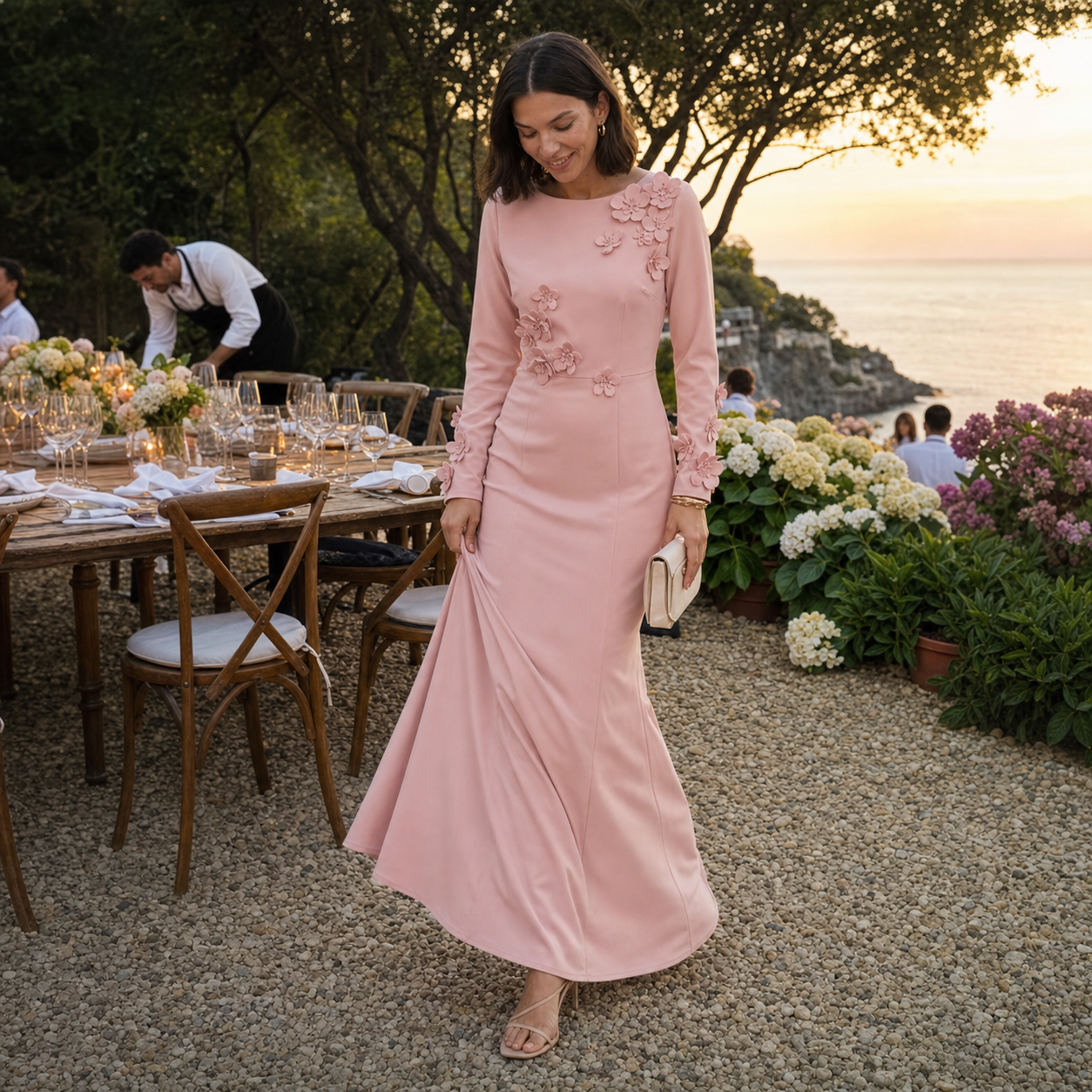 3D Floral Appliqué Long Sleeve Maxi Dress – Pink Wedding Guest Dress — lifestyle photo