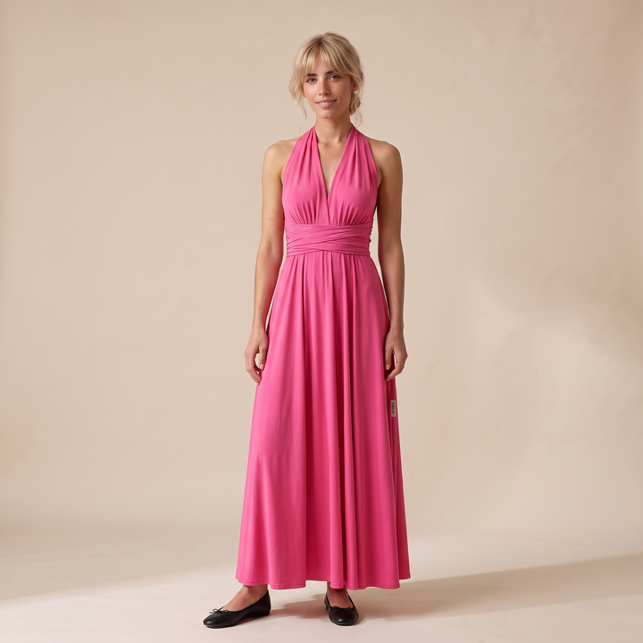 Carmen Halter Backless Maxi Dress — Hot Pink