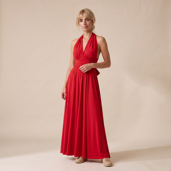 Carmen Halter Backless Maxi Dress — Red