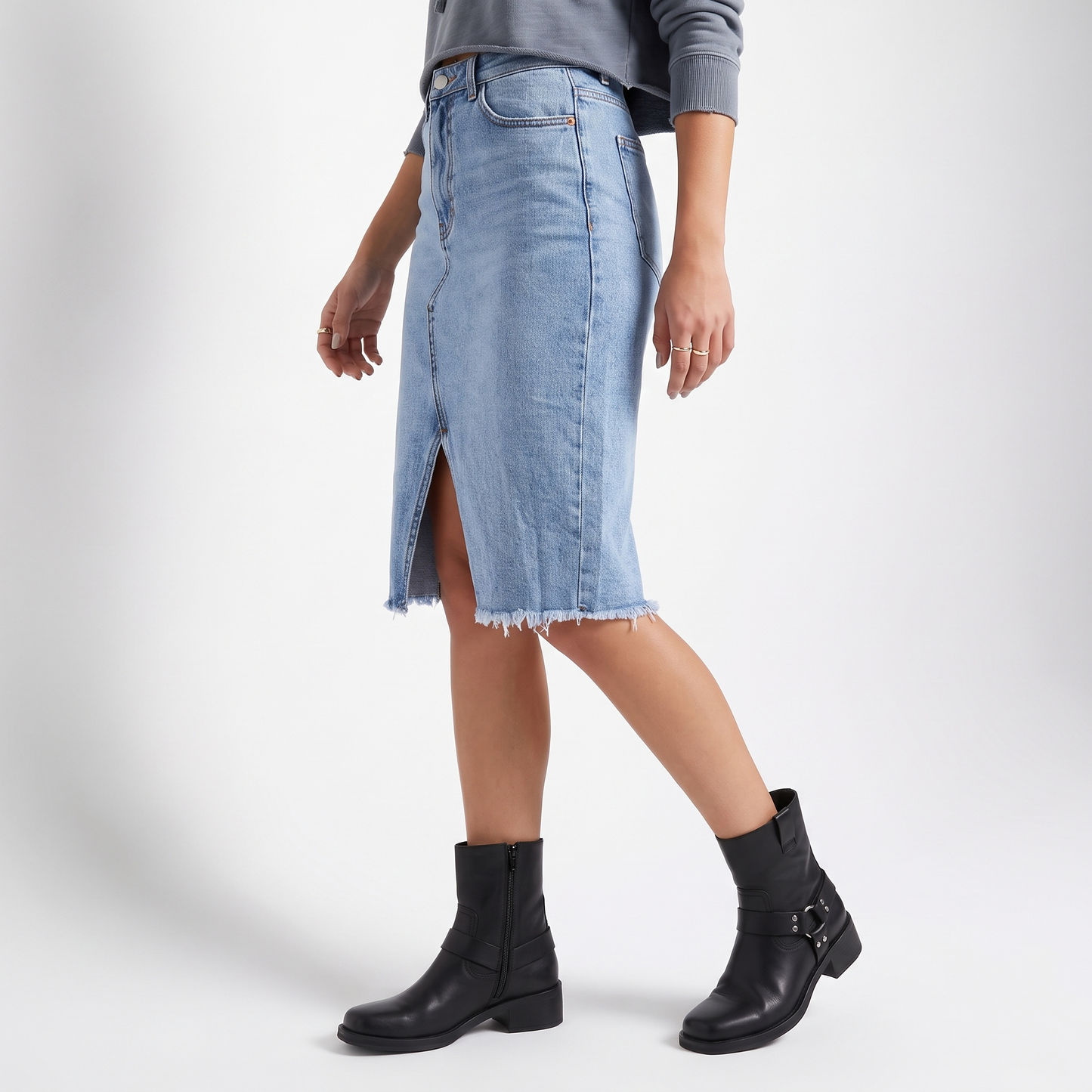 Sunoire casual denim midi skirt with front slit bottom side crop 01