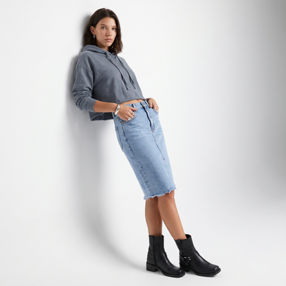 Sunoire casual denim midi skirt with front slit front hero 01