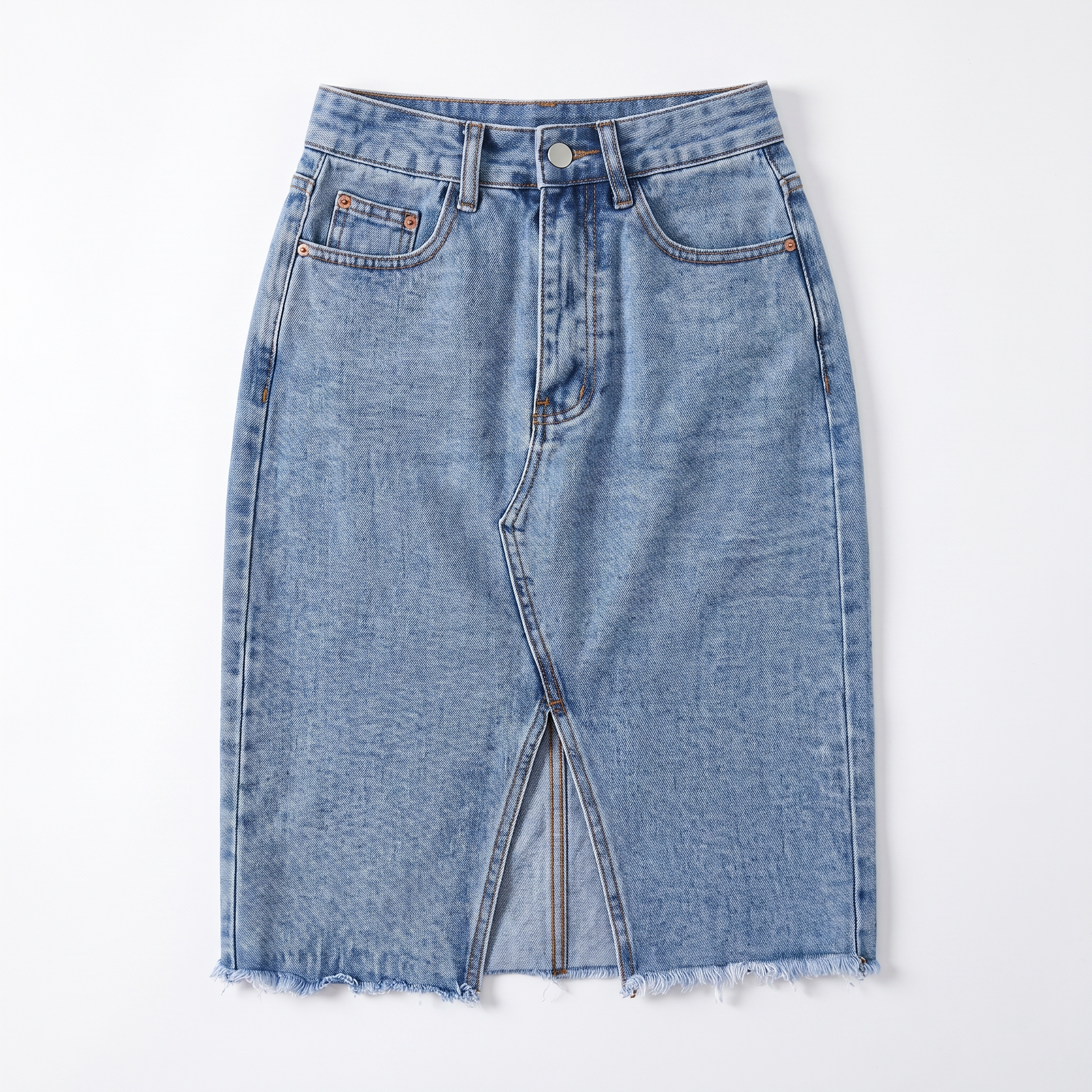 Sunoire casual denim midi skirt with front slit garment flatlay 01