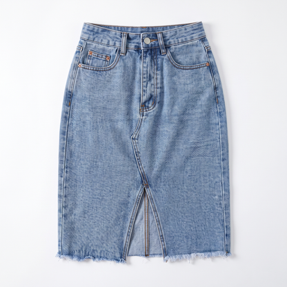 Sunoire casual denim midi skirt with front slit garment flatlay 01