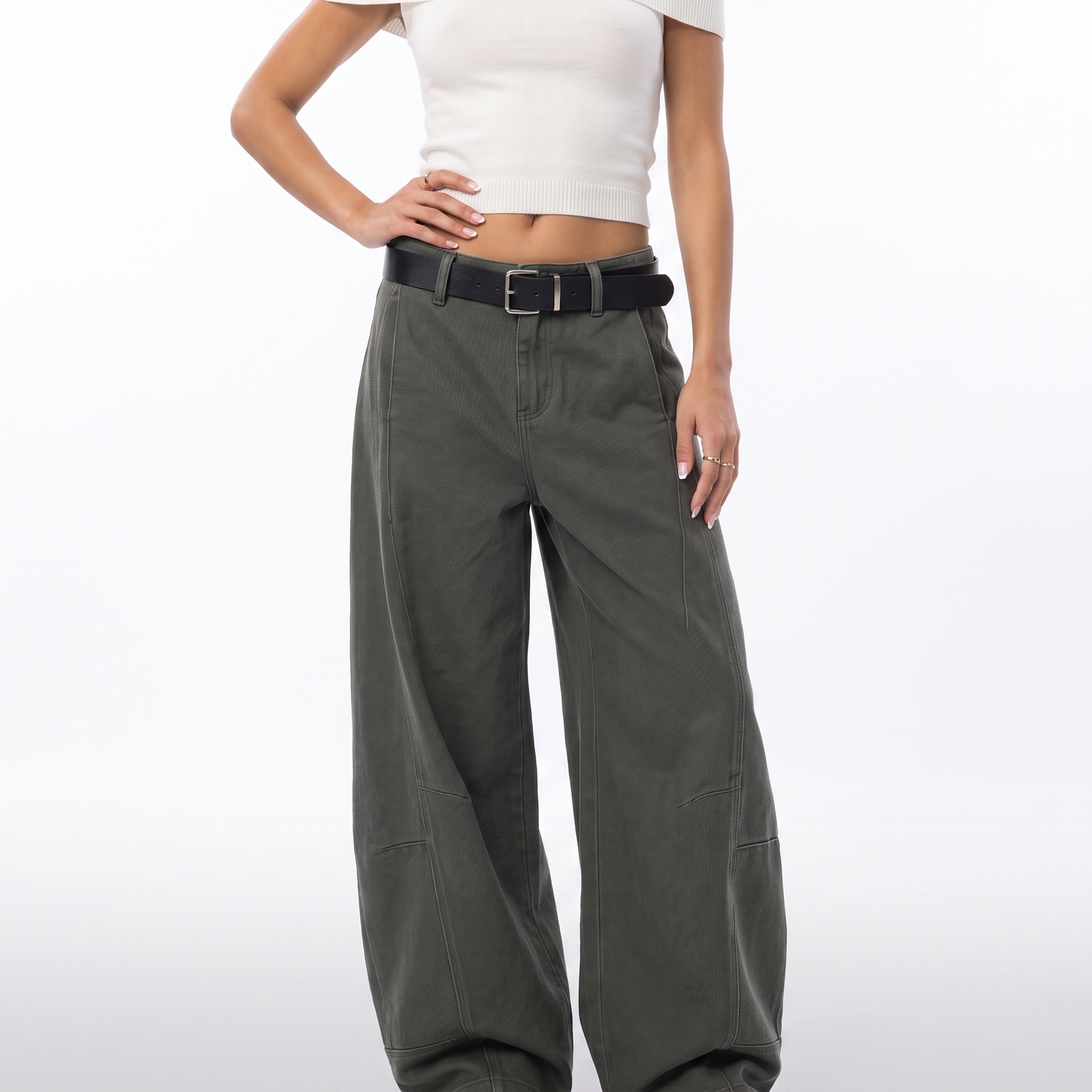 Sunoire casual denim straight cargo pants mid rise streetwear chinese vintage belt simple trendy retro summer colorway army green front crop 01