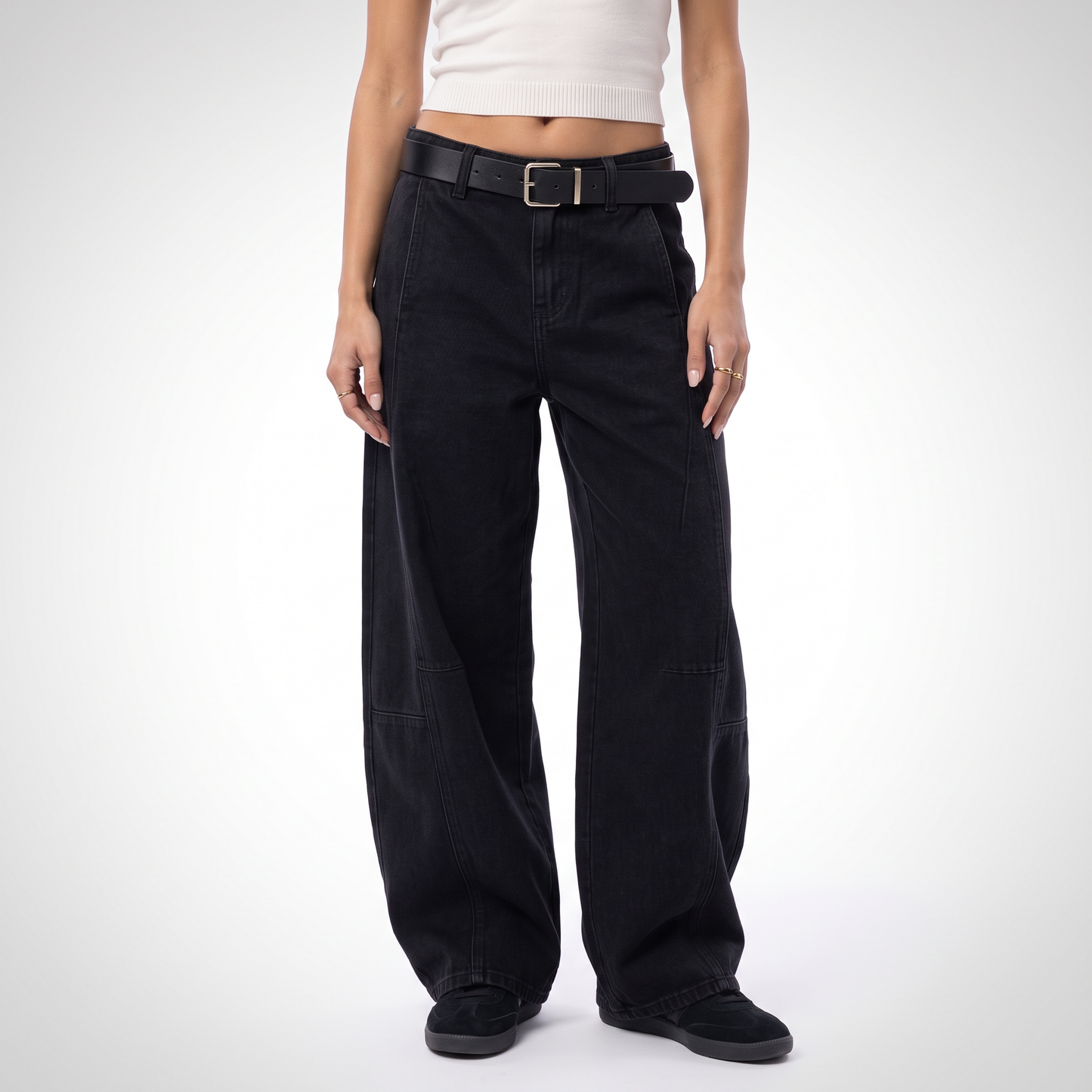 Sunoire casual denim straight cargo pants mid rise streetwear chinese vintage belt simple trendy retro summer colorway black front crop 01