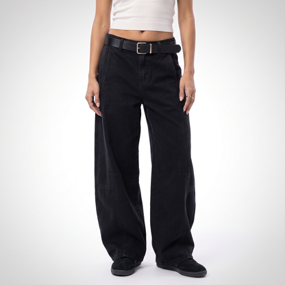 Sunoire casual denim straight cargo pants mid rise streetwear chinese vintage belt simple trendy retro summer colorway black front crop 01