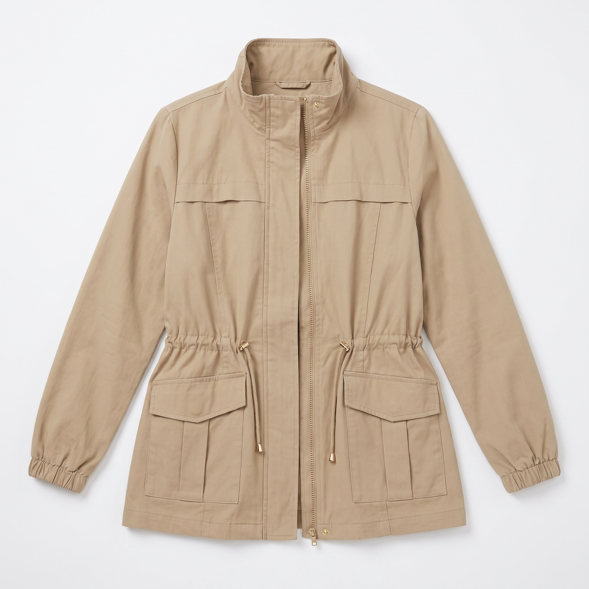 Sunoire casual utility jacket with drawstring waist and flap pockets garment flatlay 01