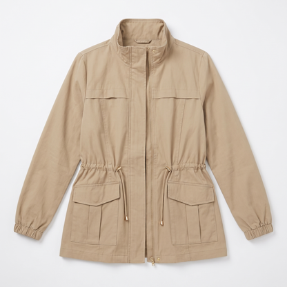 Sunoire casual utility jacket with drawstring waist and flap pockets garment flatlay 01