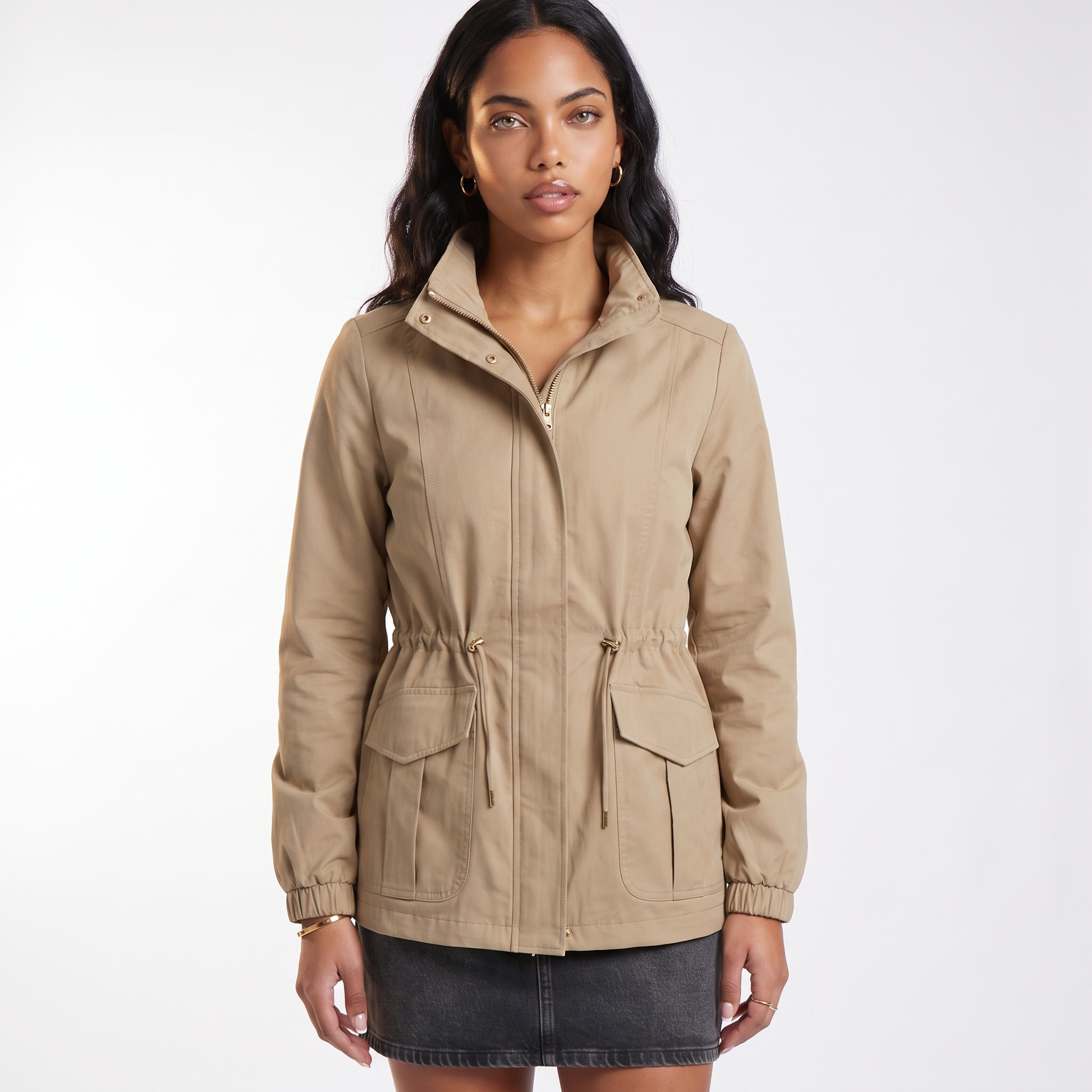Sunoire casual utility jacket with drawstring waist and flap pockets top front crop 01
