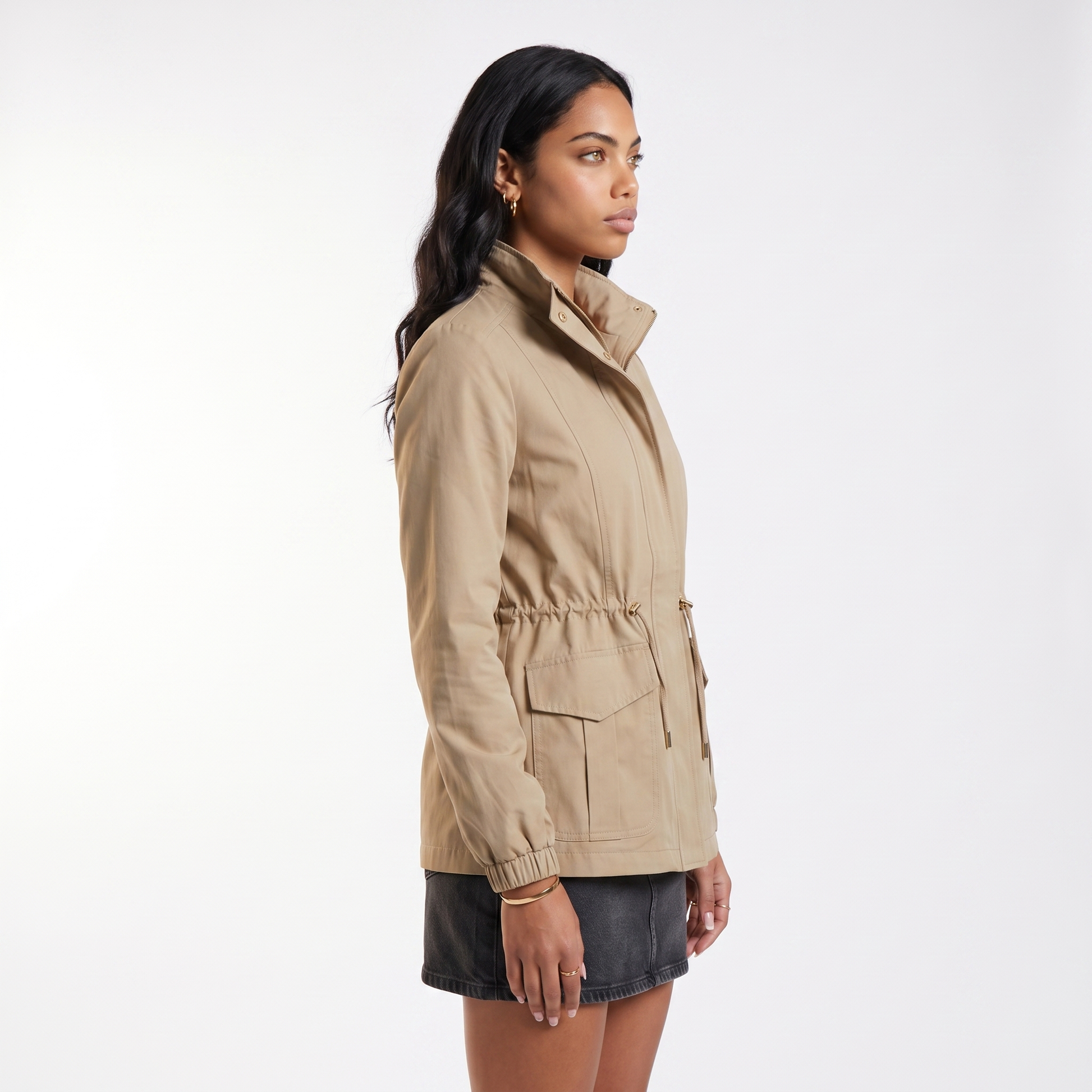 Sunoire casual utility jacket with drawstring waist and flap pockets top side crop 01