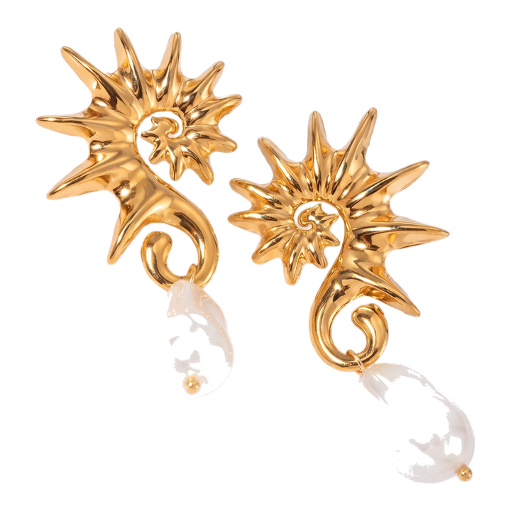 Sunoire yw fashion 18k gold stainless steel seahorse pendant earrings trendy irregular pearl jewelry for women 01 flatlay gold