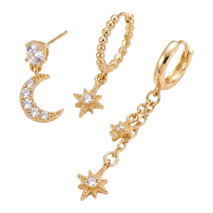 Sunoire star moon chain tassel earrings six point star zircon stud earrings set women wholesale fashion jewelry accessories gift box set 01 flatlay gold