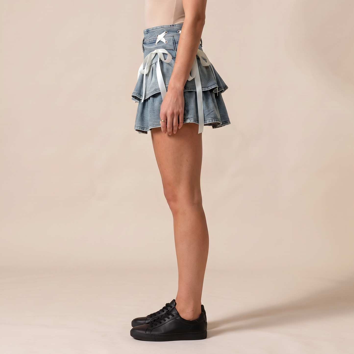 Sunoire celine black denim pleated skirt bottom side crop 01