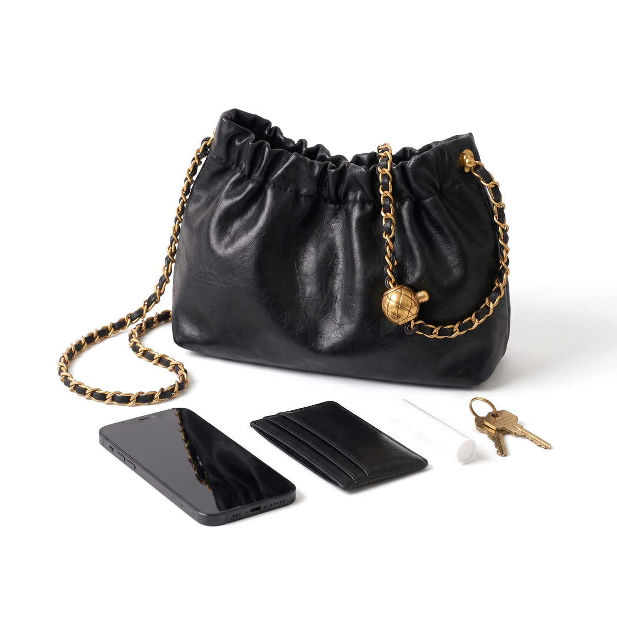 Chain Faux Leather Woven Quilted Hobo Bag, what fits inside